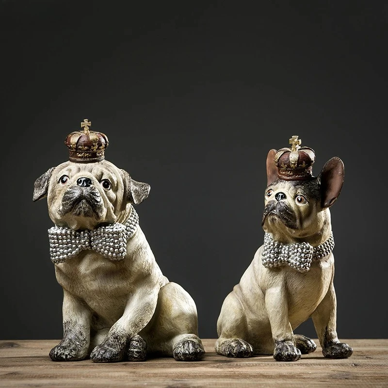 Crown Bulldog Statue Simulated Animal Ornaments Desk Decoration Modern Crafts Gentleman Puppy Sculpture Room Aesthetic Decor
