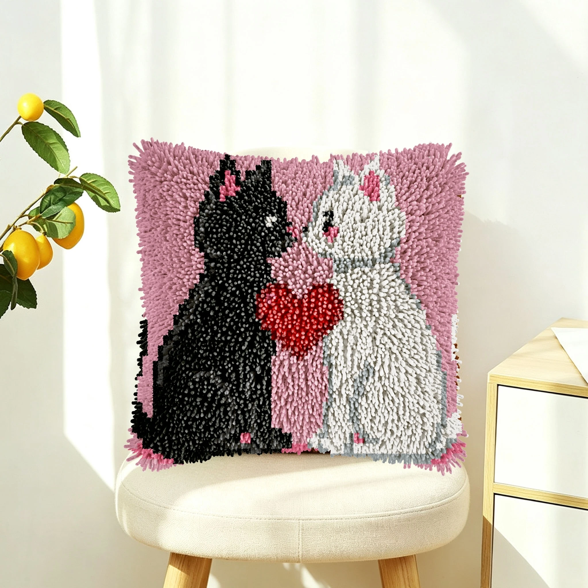 1 Set Katzen-Herzknoten-Kissen-Set mit Häkelnadel für Paare, Kissenbezug-Set für Handarbeiten, Häkelnadel-Sets, DIY, anfängerfreundlich – Detail 2