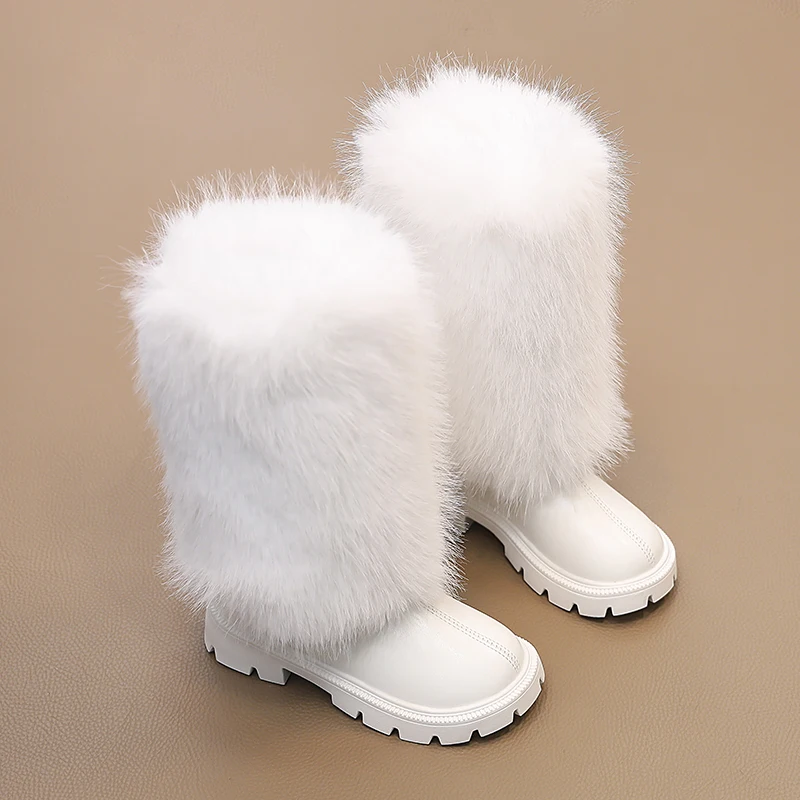 New Faux Fur Children Fashion Boots Solid PU Leather Girls Knee High Shoes Autumn Winter Plush Zip Kids Long Boots