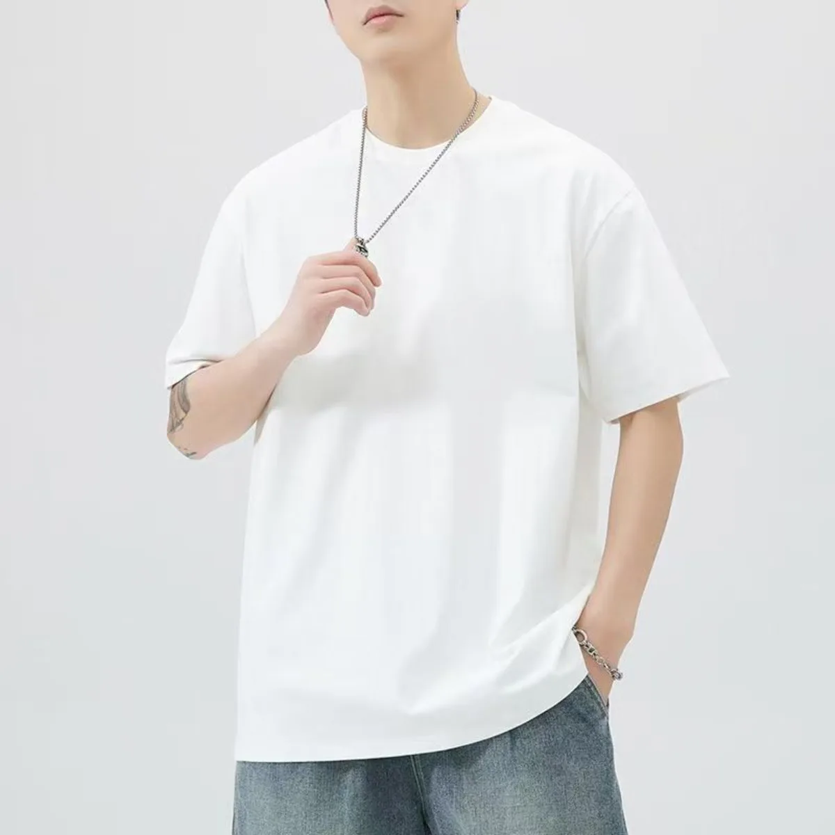 Men T Shirt New Summer Tops Solid Color Commute Classics Blank Tshirts Foundation  Round Collar Short-Sleeve  White Top Tees