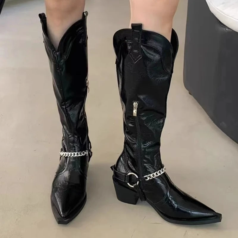 But Knee-length Boots Female 2023 Fall New British Style Thick Heel Chain Pointed Head V Mouth Western Knight High Boots