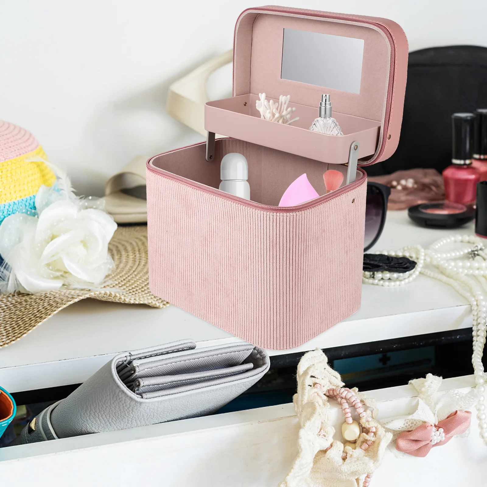 

Corduroy Travel Makeup Case Portable Toiletry Bag with Mirror Cosmetics Storage Organizer Personal Care Bag Women