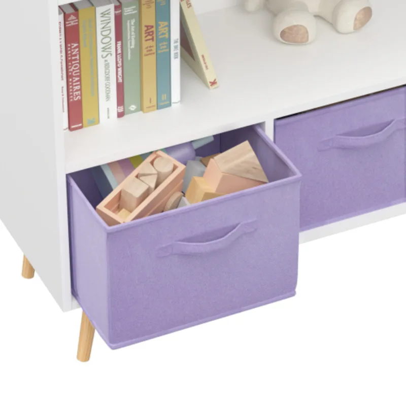 Kids Bookcase With Collapsible Fabric Drawers Children's Book Display Toy Storage Cabinet Organizer White/Purple