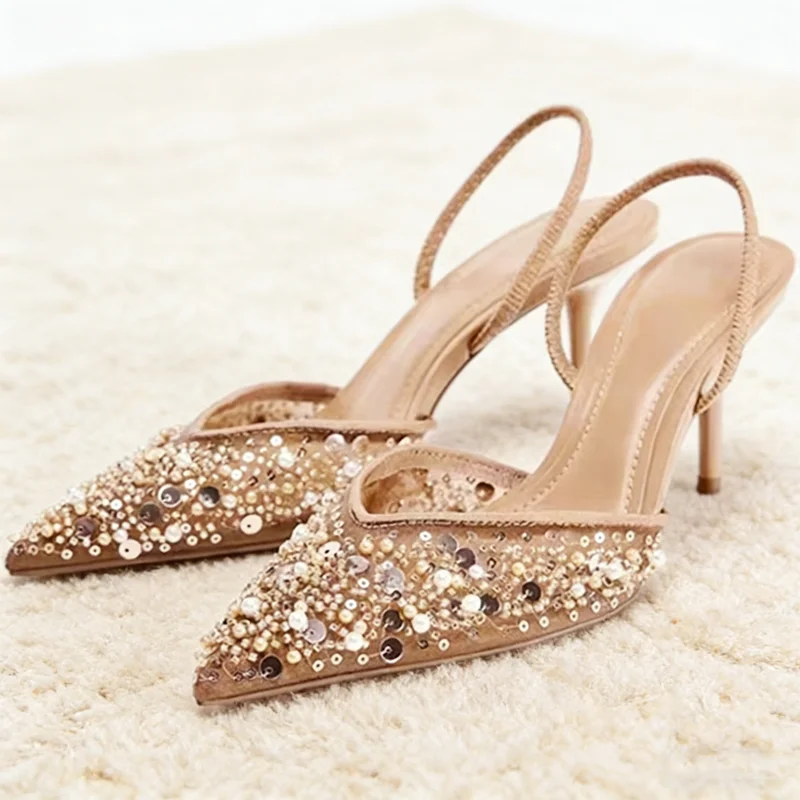 

Luxury Designer Shoes for Women Bling String Bead Mesh High Heels Women Sexy Pointy Toe Breathable Heeled Sandals Elegant Pumps