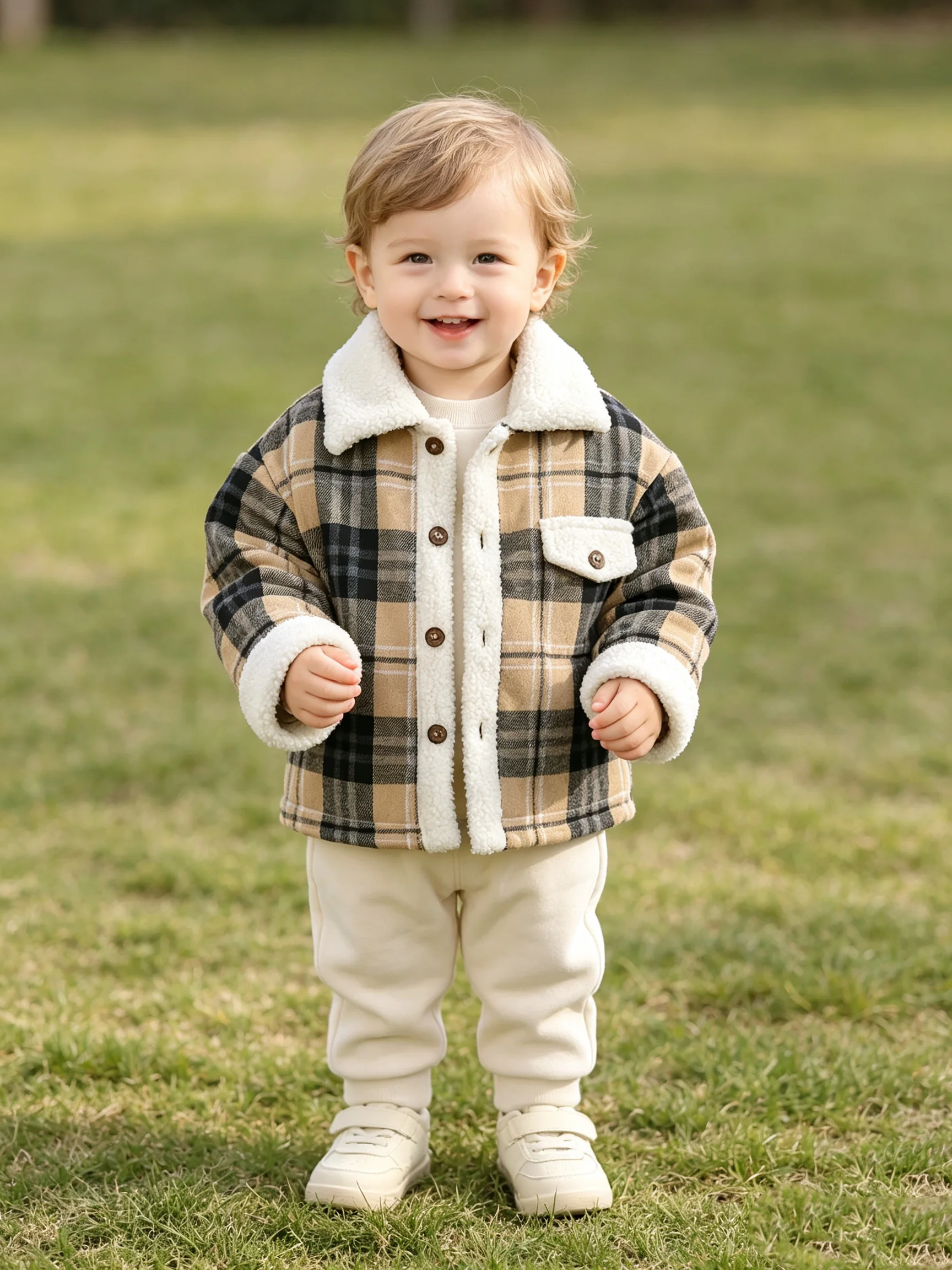 Unisex Baby Autumn Winter Thickened Plaid Lamb Fur Coat Retro Style for Boys And Girls Warm Outerwear for Kids