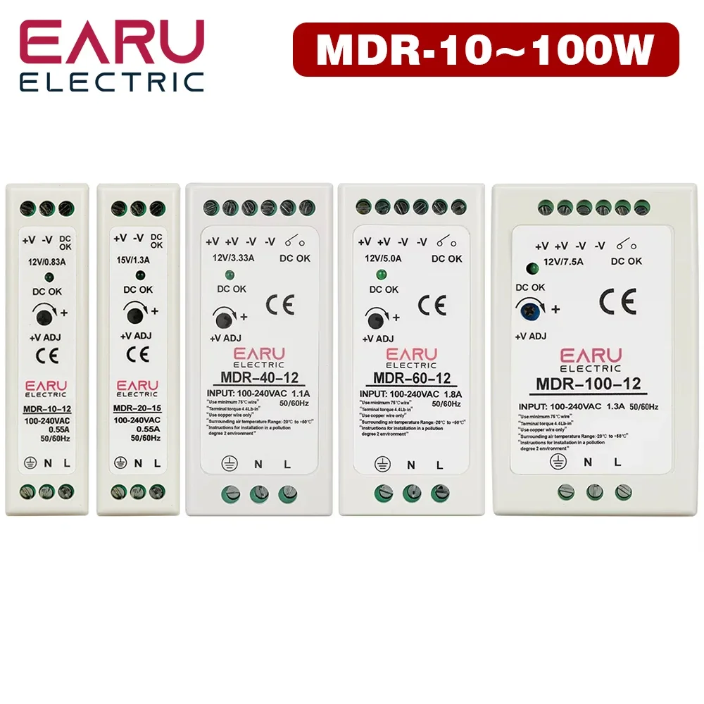 Industrial Mini AC DC Din Rail Power Supply Switch MDR-10W 20W 40W 60W 100W Single Output Switching 12V 24V 48V 100V-240V Source