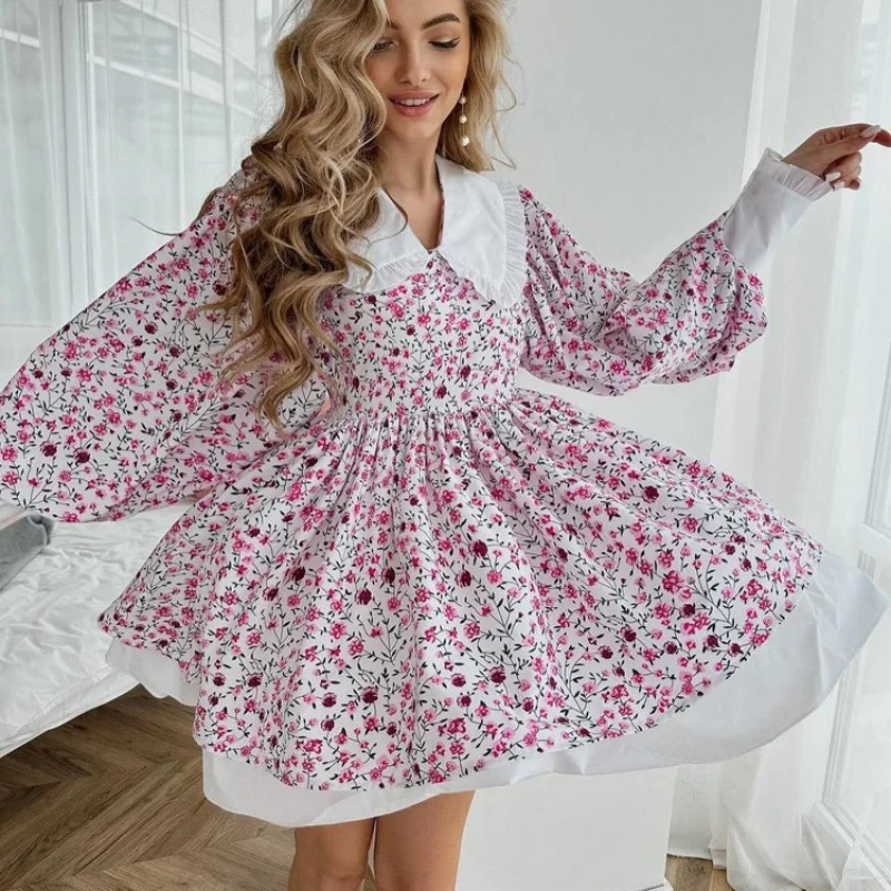 

2025New Doll Collar Printed Elegant Short Dress for Women with Double Layer Design and Lantern Sleeves Waist-CinchingALine skirt