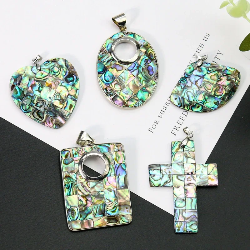 Hyperbole Real Abalone Shell Pendant Geometrical Fan Heart Cross Oval Rectangle Mosaic Puzzle Paua Necklace Woman Jewelry Making