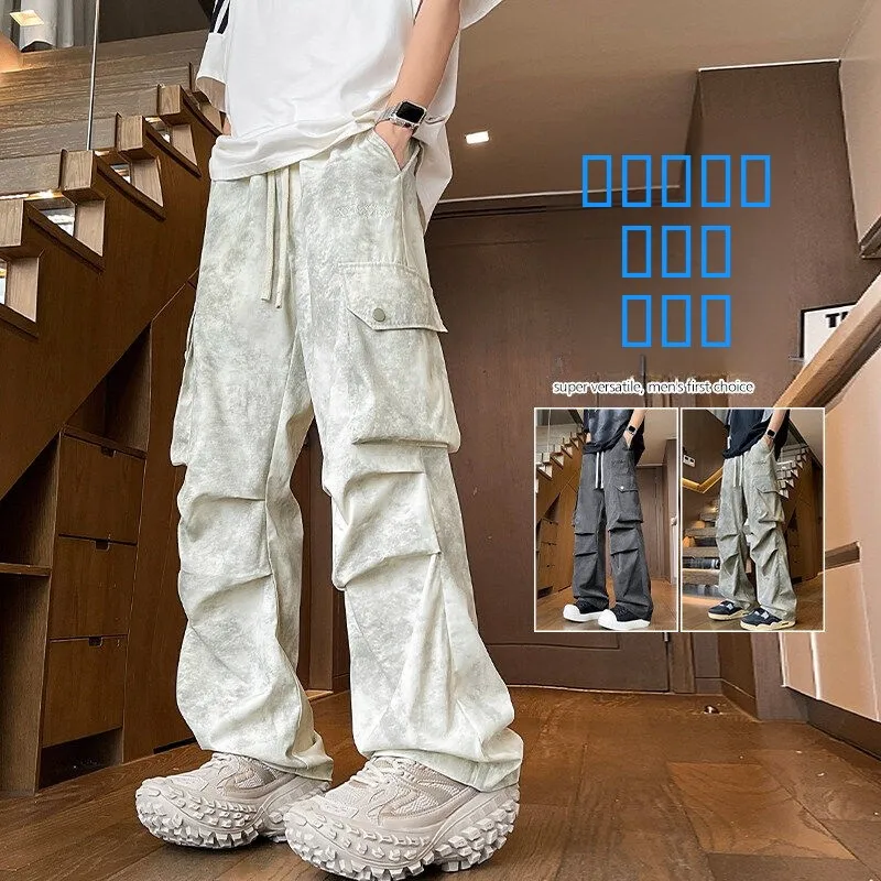 

Summer Thin Ice Silk Work Trousers for Men with kets Paratrooper Sle Dyed Cargo Pants American Retro Loose Fit Casual Pants