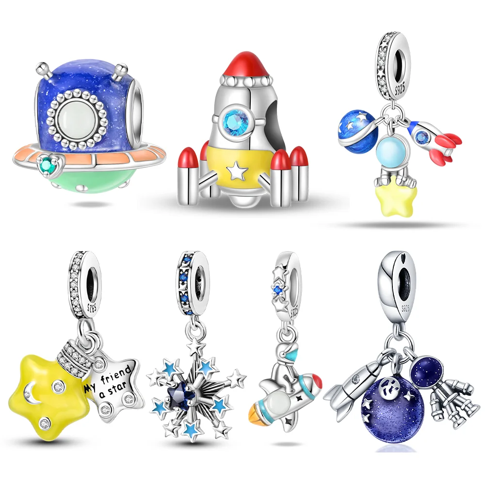 Space UFO Rocket Astronaut Star Moon Silver Plated Bead Original Charm Fit Bracelets Bag Keychain Charm DIY Women Gift Accessory
