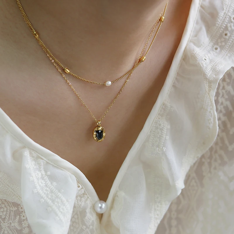 ​Simple Stainless Steel Freshwater Pearl Oval Metal Beaded Chain Necklaces for Women Plated 18k Gold Choker Waterproof Jewelry