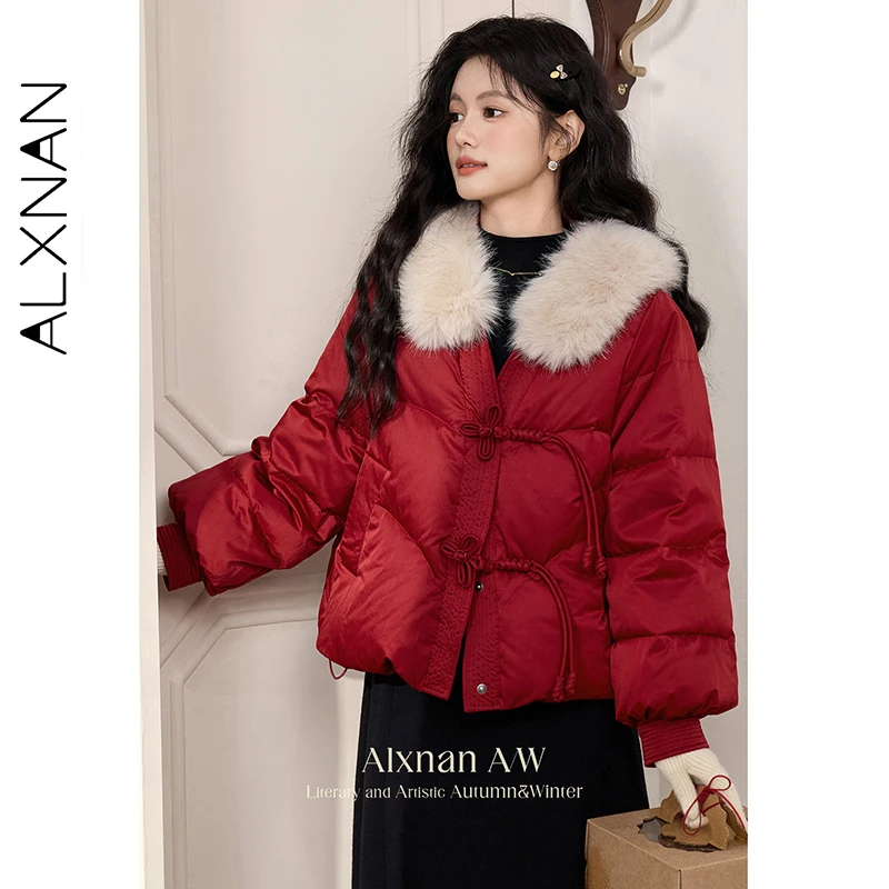 

ALXNAN Women's Red Down Jacket 2026 Winter V-neck Short Chic Button Fur Collar Thickened Coats Female Elegant Warm Coats VL51726