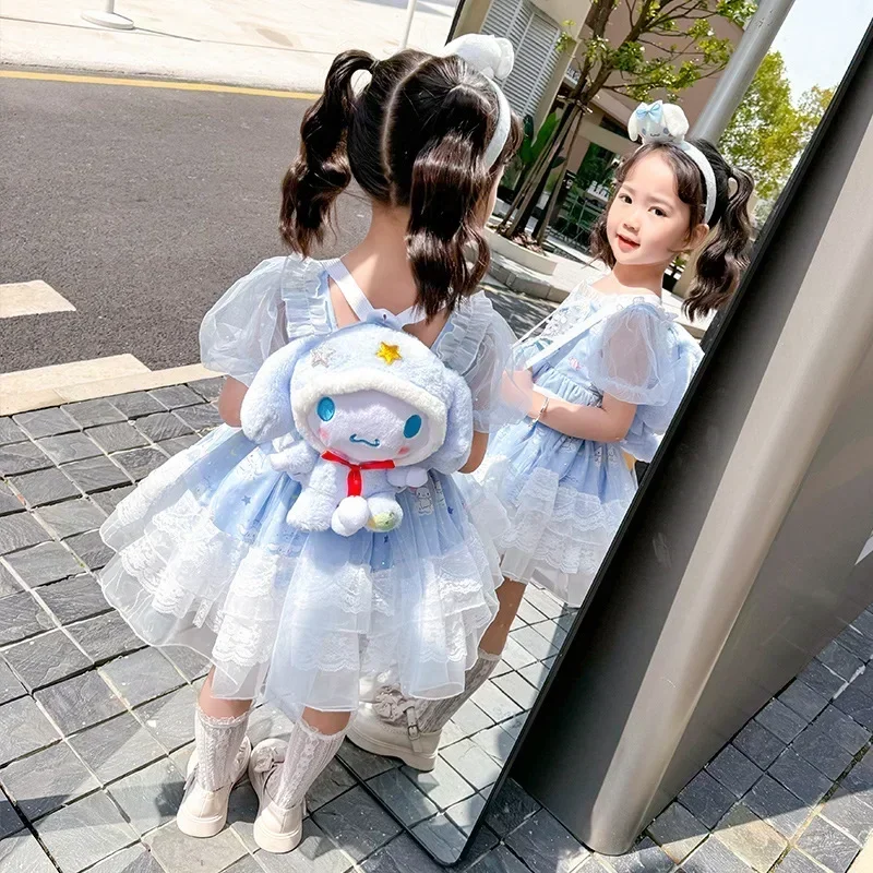 Anime Sanrio Girls Lolita Princess Dress, Vestido formal, Cute Cartoon Cinnamoroll, Vestido de verão, Sling Mesh Tutu Skirt, Roupas infantis