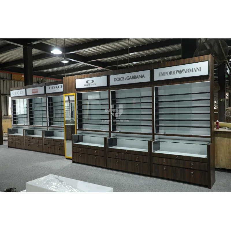 Vidros LED personalizados Display Móveis, luminária óptica, prateleira de parede óptica Eyewear, Racks De Exibição Óptica De Madeira