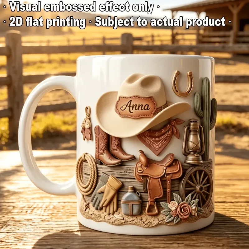 Personalized Western Ceramic Coffee Mug 11oz, Custom Name Cowboy Boot Saddle Design, Dishwasher Safe, Gift for Cowboy
