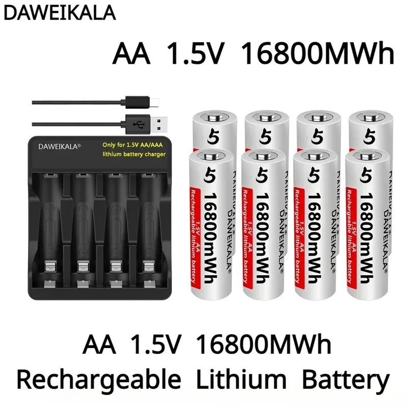 2024 New AA 1.5V 16800MWh Rechargeable Lithium ion Battery for Remote Control Mouse Fan Electric Toys+Charger