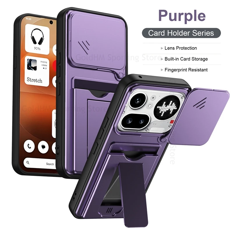 Push Window Lens Protector Fold Kickstand Case For Nothing Phone 4A Pro Card Slot Holder Hard PC Cover For Nothing Phone 3A Lite