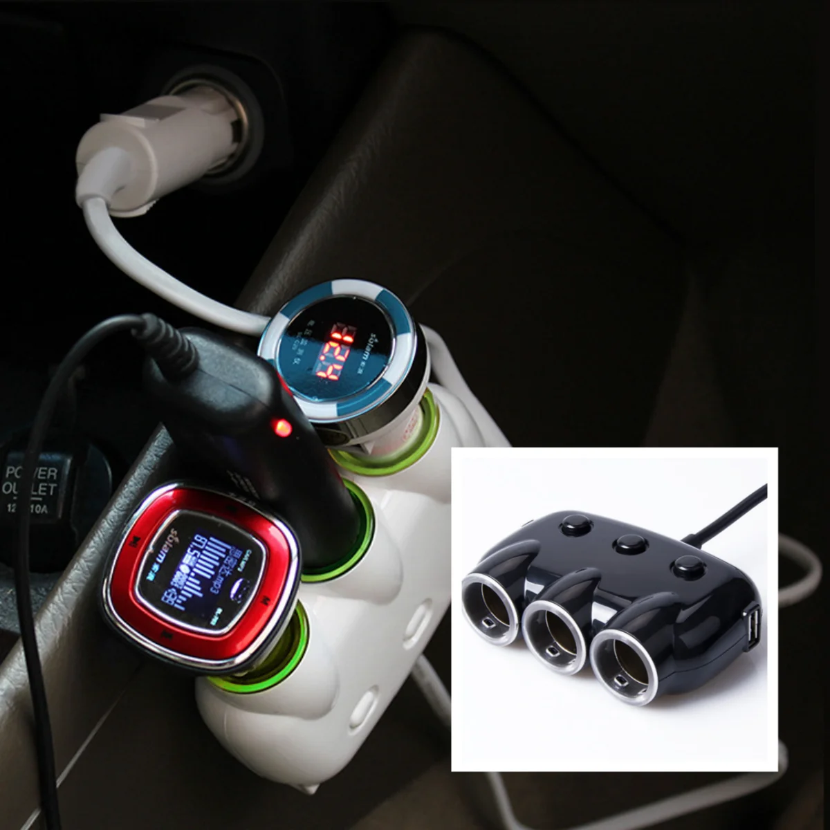 1pc 3-Socket Car Cigarette Lighter Splitter DC 12V/24V Dual-USB Multi-functional 1-to-3Cigarette Lighter Car Charger black white