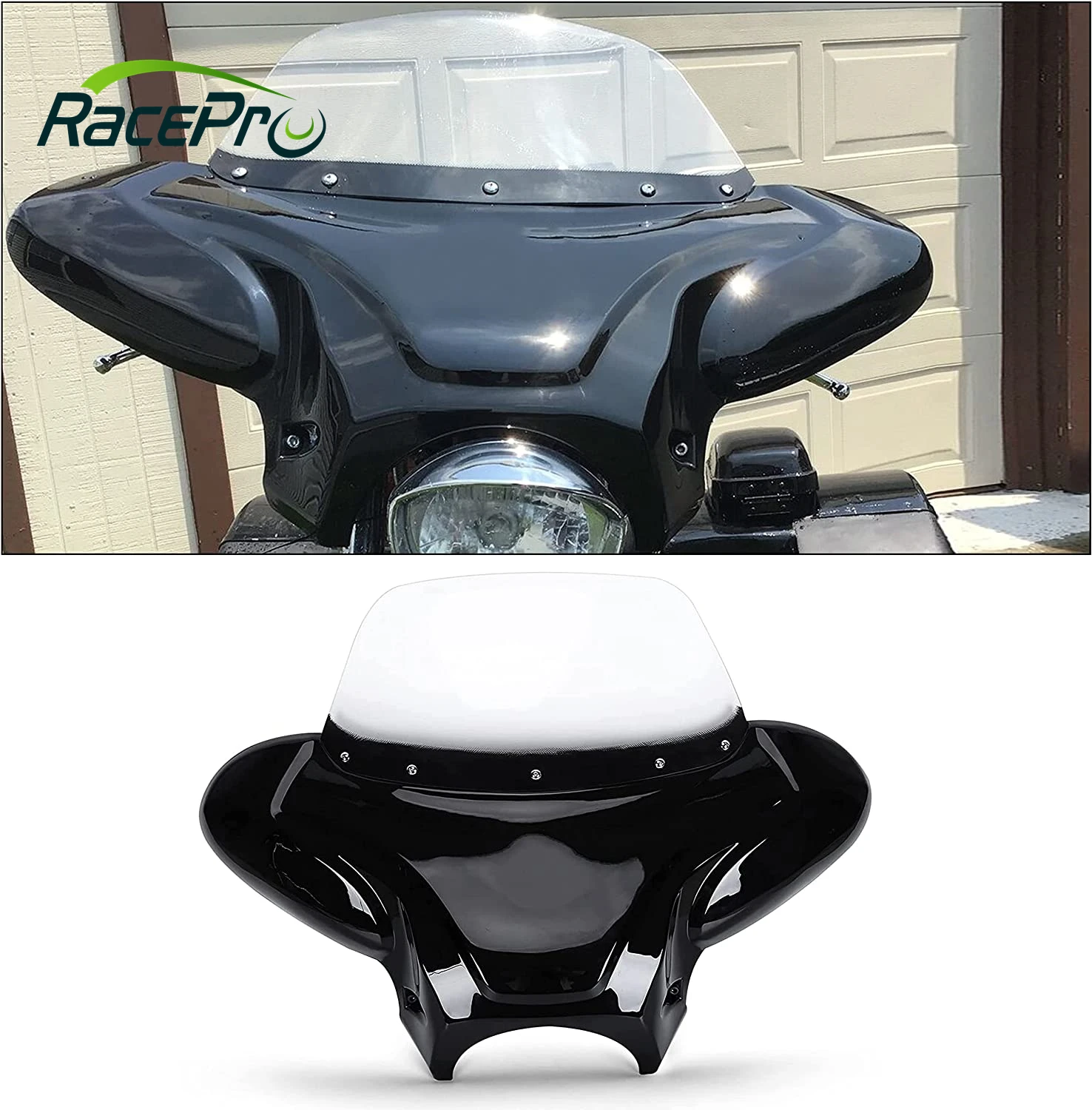

Racepro Universal Motorcycle 37" Wide and 24" Tall Cruiser Front Fairing Batng Bat Wing W/Clear Windshield