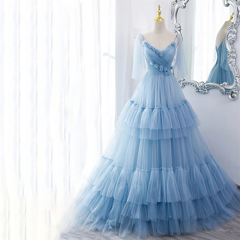 Lily A-Line Long Chic Woman Evening Dress Gown Spaghetti Strap Ball Gown V-Neck Sky Blue Net Night Dresses Gown robes de soirée