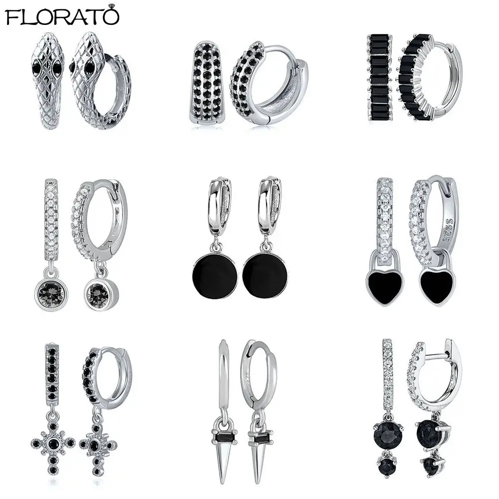 2023 New Black Crystal Zircon Silvery Hoop Earrings for Women's Classic Round/Heart/Cross Drop Earrings Small Piercing Jewelry