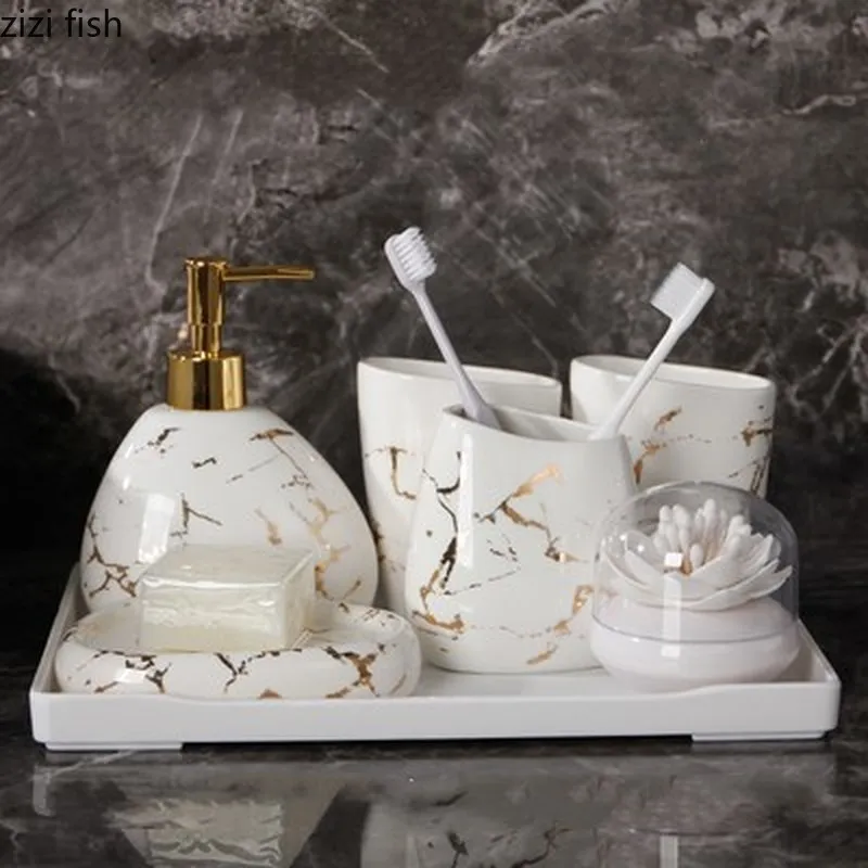 6/7pcs set Gold marble ceramics Bathroom Accessories Set Soap Dispenser/Toothbrush Holder/Tumbler/Soap Dish Bathroom Products