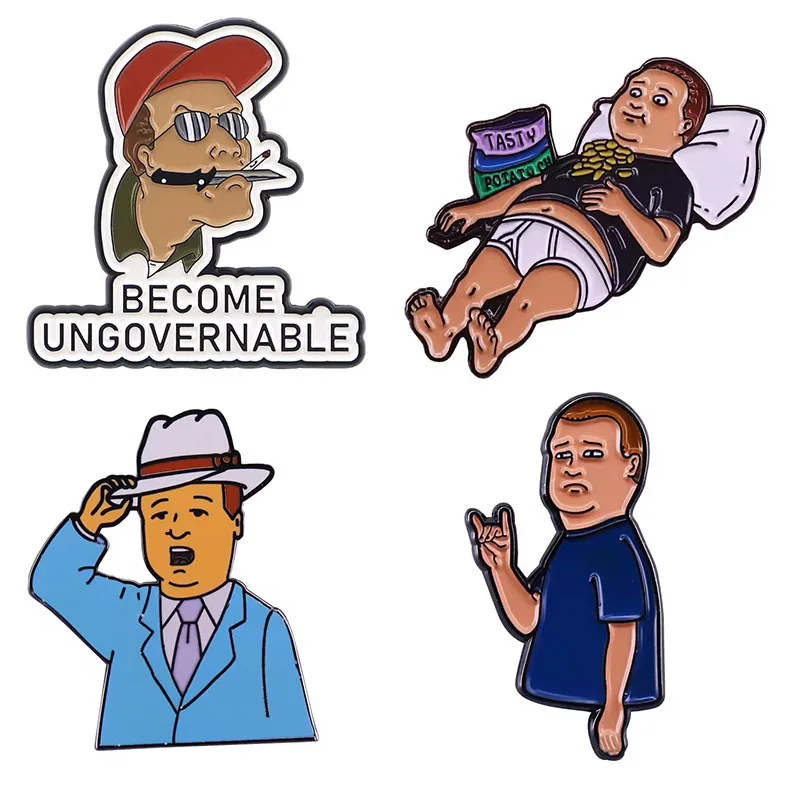 

Hard Enamel Pins Fun Bobby Badge Hill Sitcom Gentlemen Lazy Couch Potato Rock Horns Lapel Brooch Gift for Cartoon Fans Wholesale