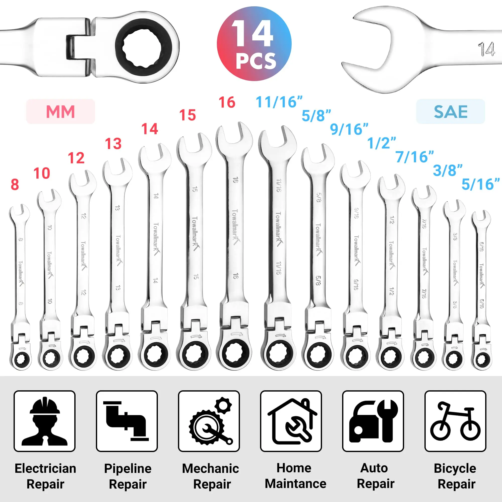 14 Pieces Flex-Head Ratcheting Combination Set, SAE 5/16