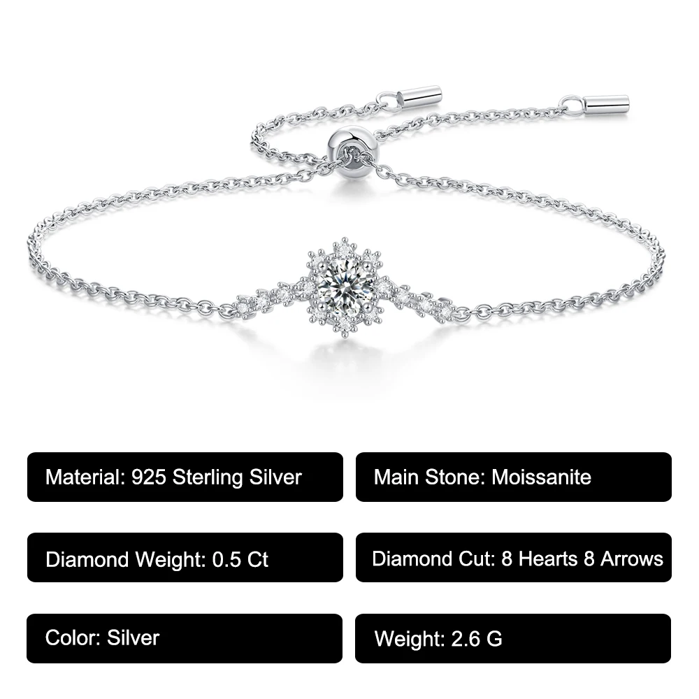 0.5CT Moissanite Bracelet for Women 925 Sterling Silver D Color Diamond Adjustable Chain Sparkling Fine Jewelry Gift- Sunny Snow