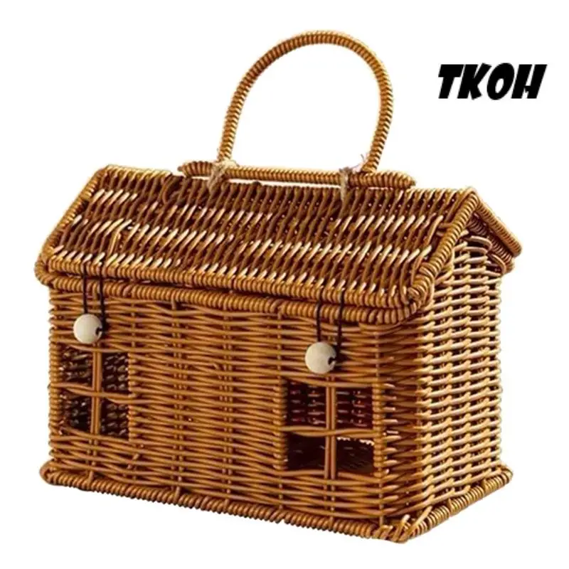 سلة على شكل منزل من TKOH-Rattan مع غطاء سلة خوص حصاد طبيعية للنزهات وعيد الفصح والتنظيم والتخزين