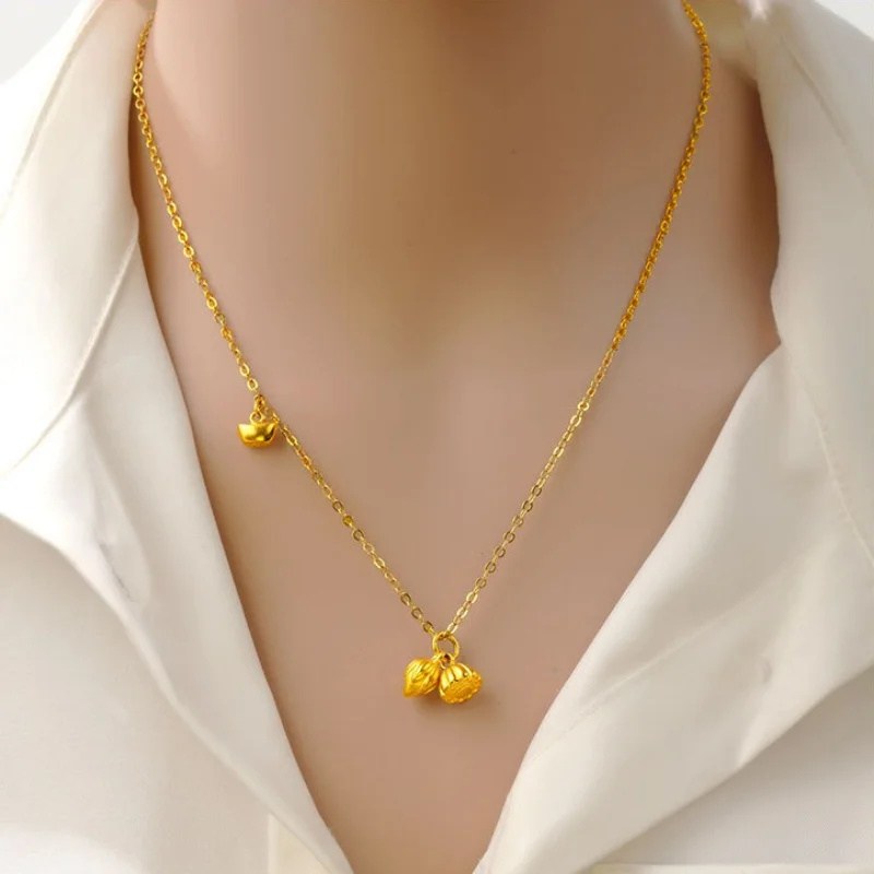 Women Good Luck Gold Ingot Lotus Flower Lotus Seedpod Charm 24k Gold Plated Necklace Clavicle Chain Jewelry Accessories Gift