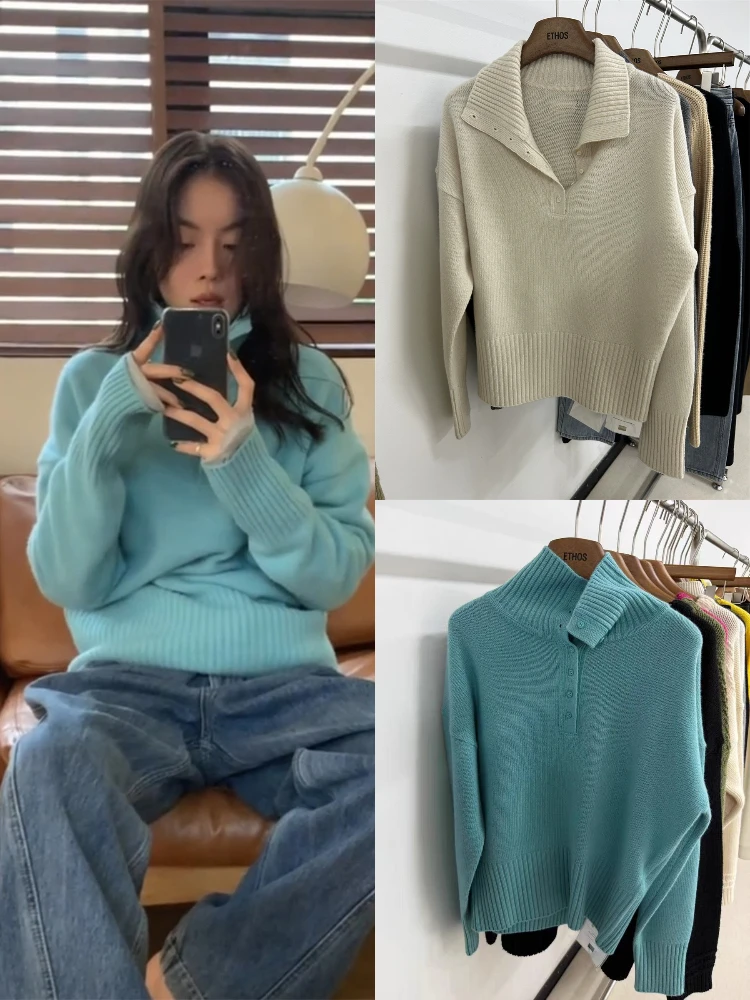 

Knitted High Ne Button Sweater Women's Soft Loose Vintage Sle oulder Drop Top Girls Faion Autumn Collection