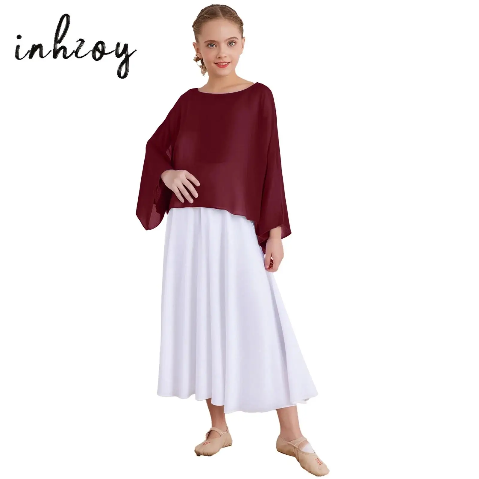 

Kids Girls Liturgical Praise Dance Outfit Long Sleeve Pullover Chiffon Shrugs Top+Glittery Rhinestone Dress Set Church Robe