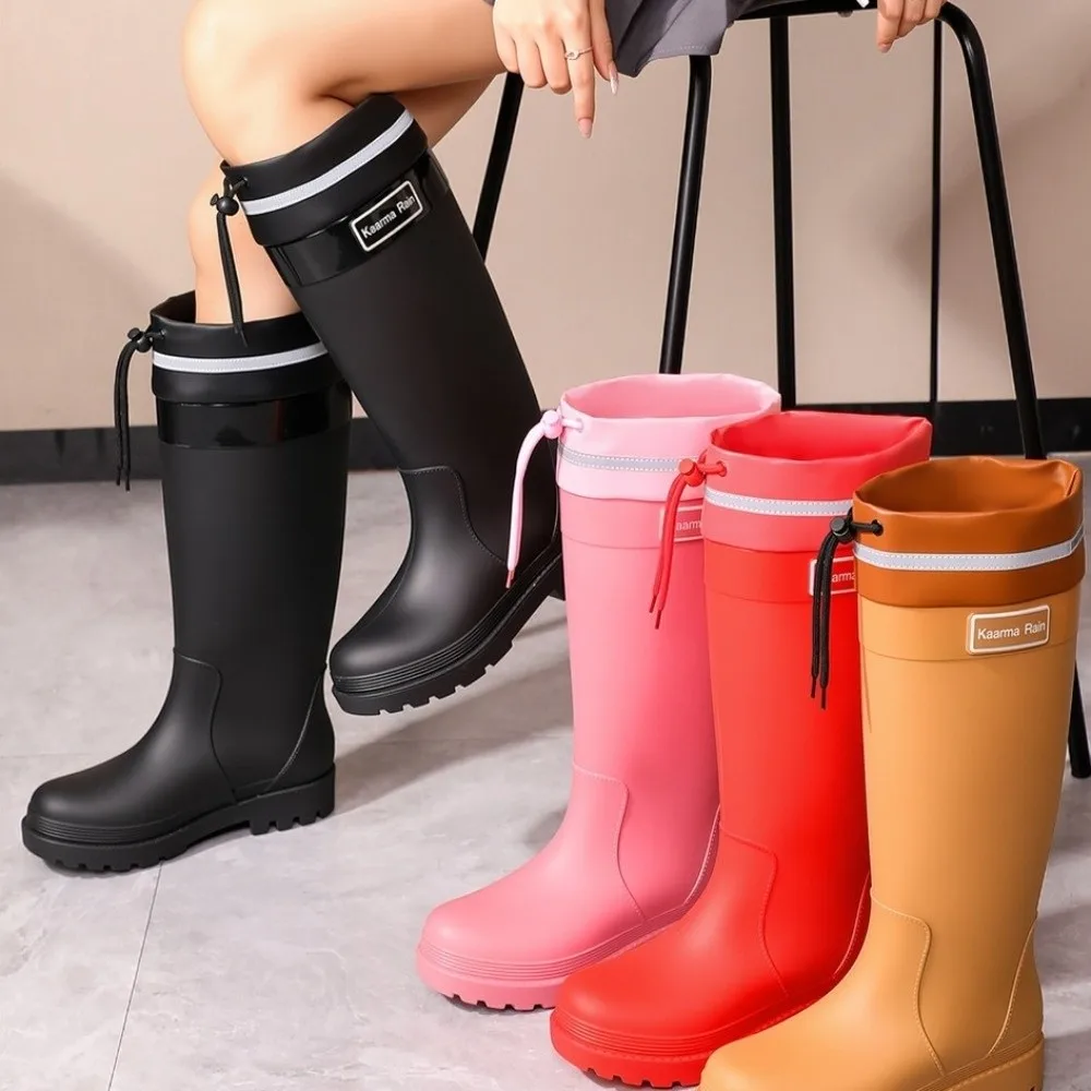 Simple Waterproof Water Shoes High Tube Anti Slip Women Rain Boots PVC Middle Heel Calf Galoshes Rainy Day