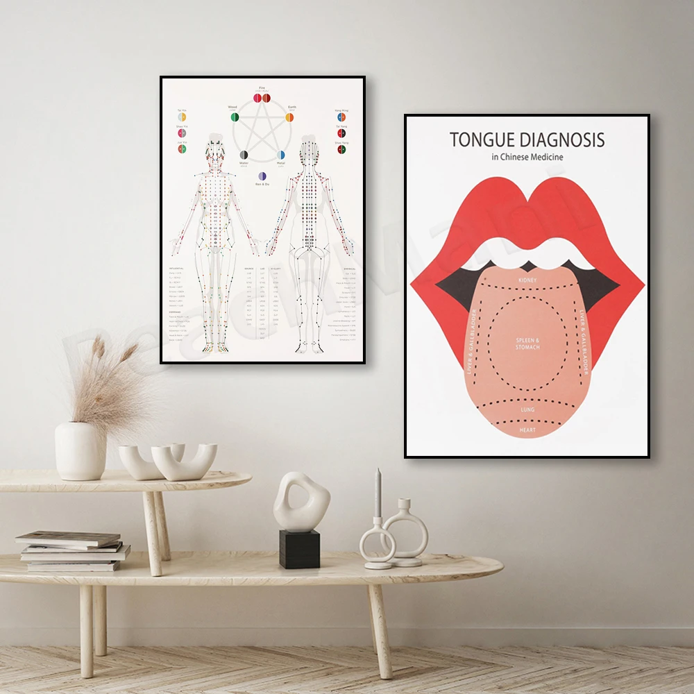 （2D Canvas painting） Tongue diagnosis diagram, scalp acupuncture, acupuncture meridian print. Traditional Chinese medicine, h