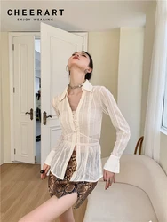 CHEERART Bandage See Through Tops Tight Long Sleeve Shirt For Women Collared Transparent Shirts & Blouses Fashion 2023 Spring