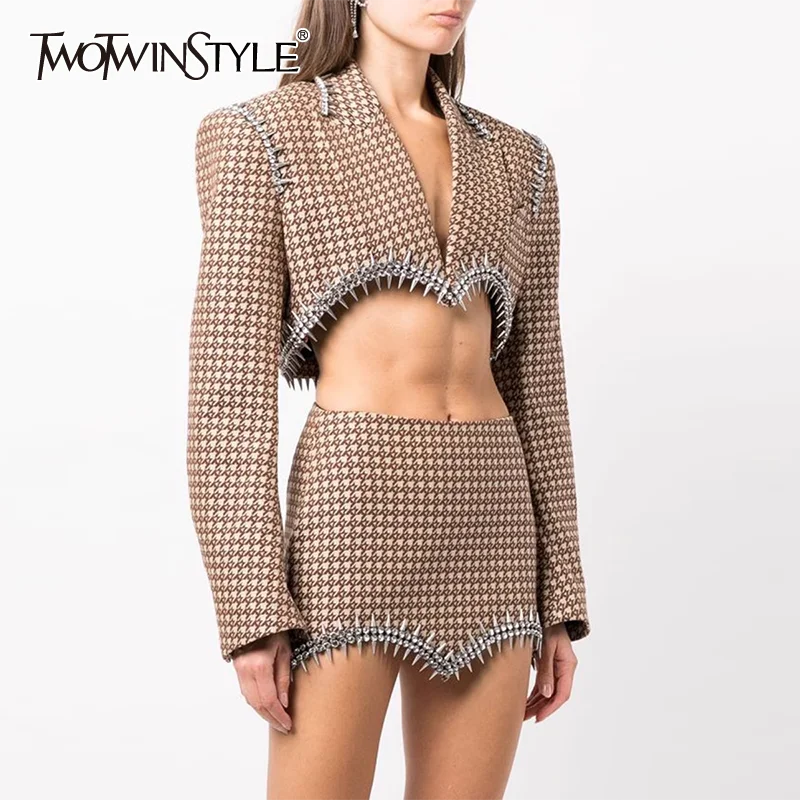 

TWOTWINSTYLE Slim Two Piece Set For Women Lapel Long Sleeve Spliced Rivet Blazer High Waist Plaid Skirt Slim Set Female Clothes