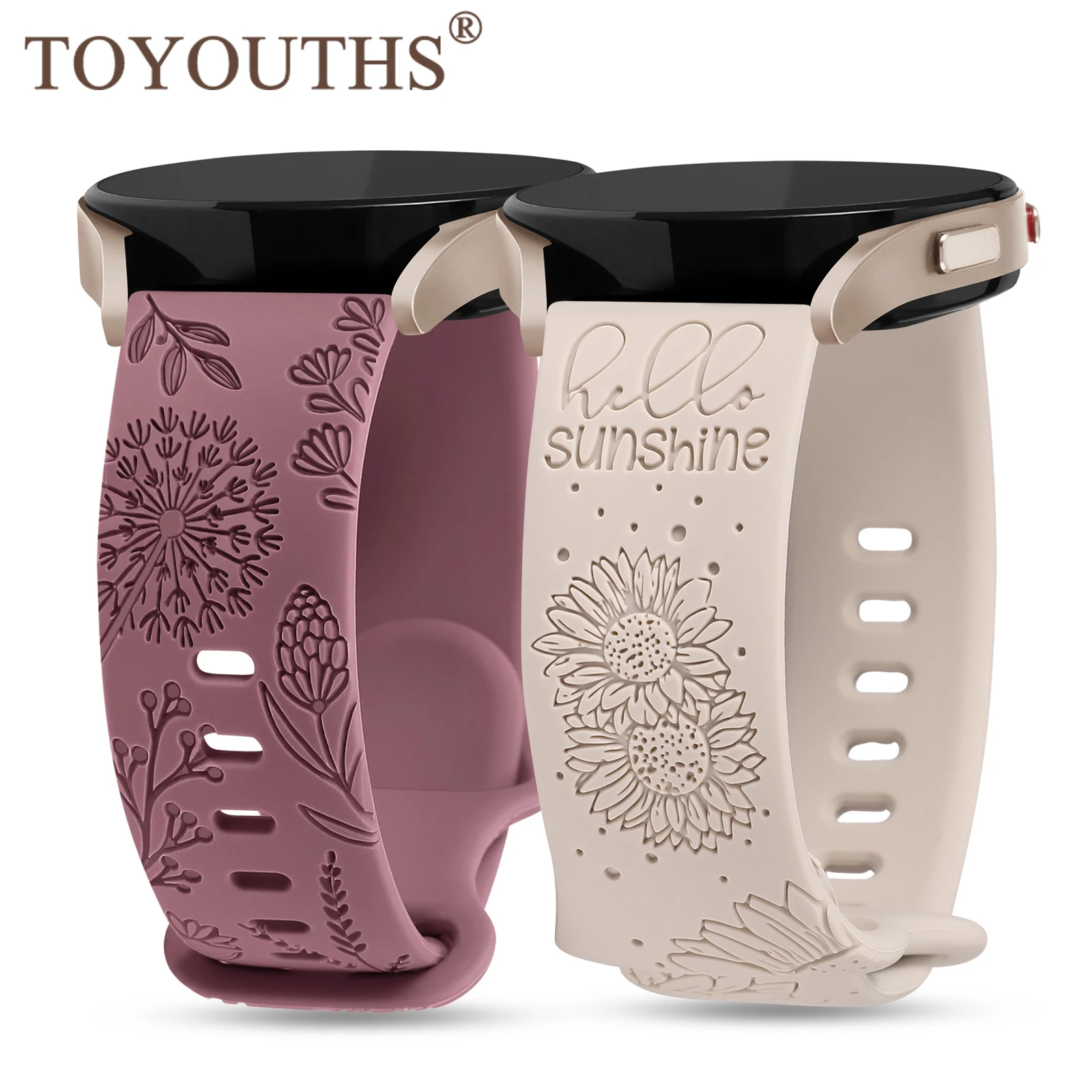 

TOYOUTHS 2Pack Floral Engraved Band for Samsung Galaxy Watch 7/6/5/4/Active cute Silicone Sunflower Fancy Sport Strap for women