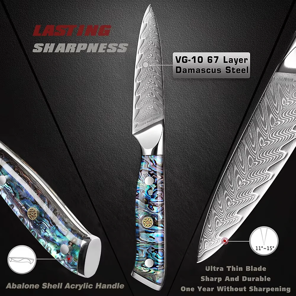 Luxury Abalone Handle 3.5-Inch Fruit Knife 67-Layer Damascus Steel Sharp and Durable Kitchen Knife Birthday Gift Homeware