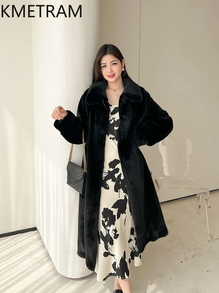 KMETRAM 100%天然ミンク毛皮ジャケット 女性用 最高品質 ラペル付き ロングリアルミンクファーコート 冬用婦人服 2026 шуба