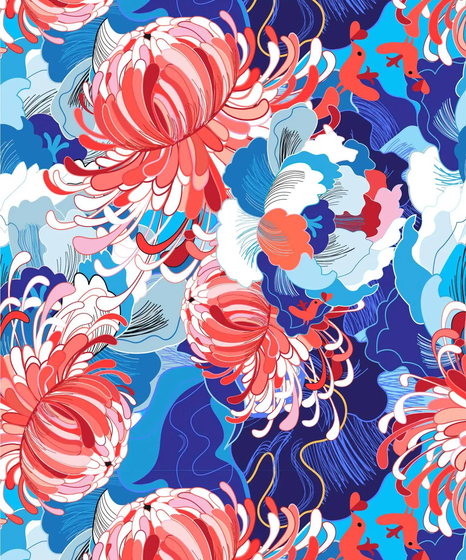 Floral Self Adhesive Wallpaper Modern Peel and Stick Wallpaper Blue/Red Waterproof Wallcoverings for Countertops Cabinets Decor