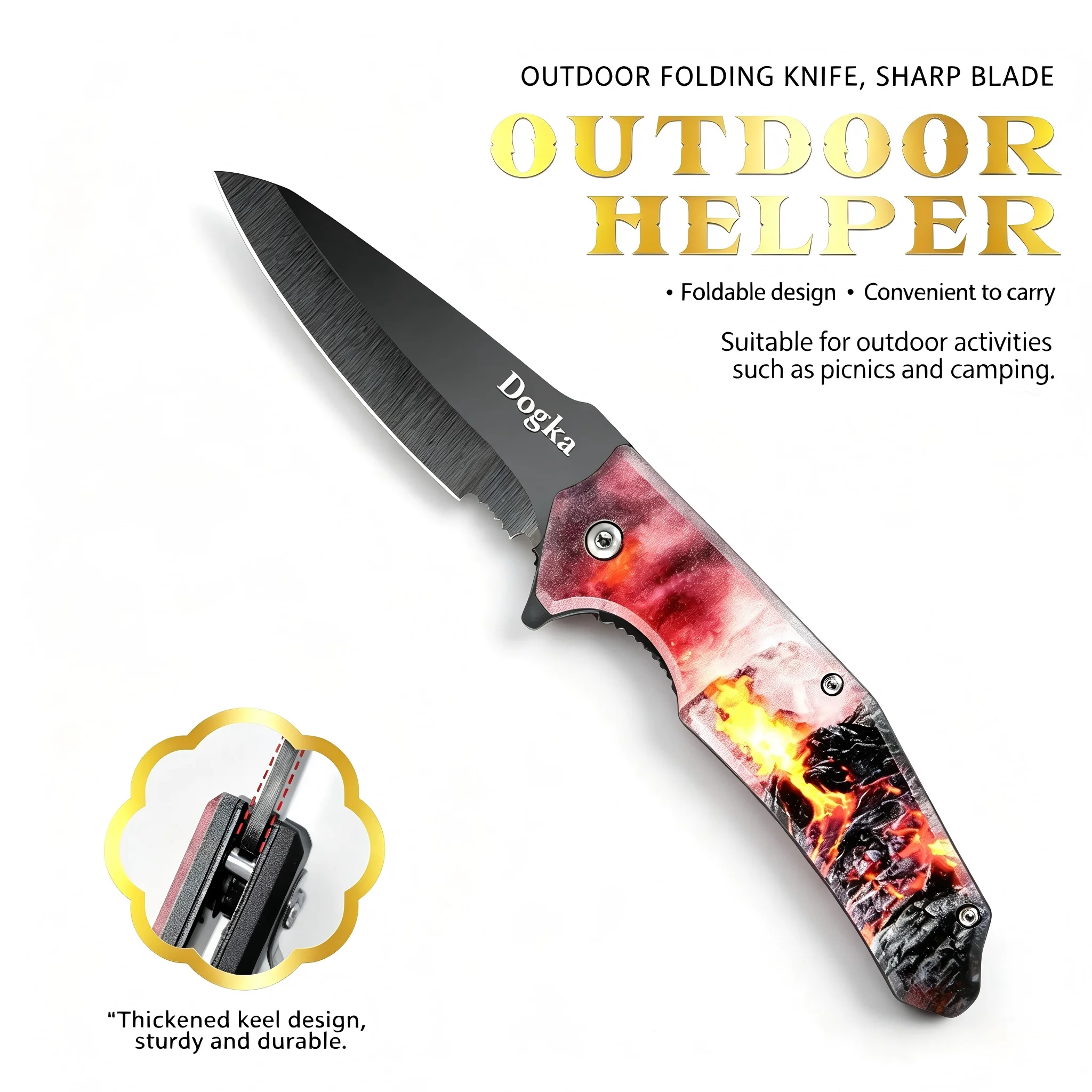 Volcano Lava Flame Printed Folding Pocket Knife Cool Graphic Handle Sharp Stainless Steel Blade EDC Utility Tool for Outdoor Camping Daily Use And Collection