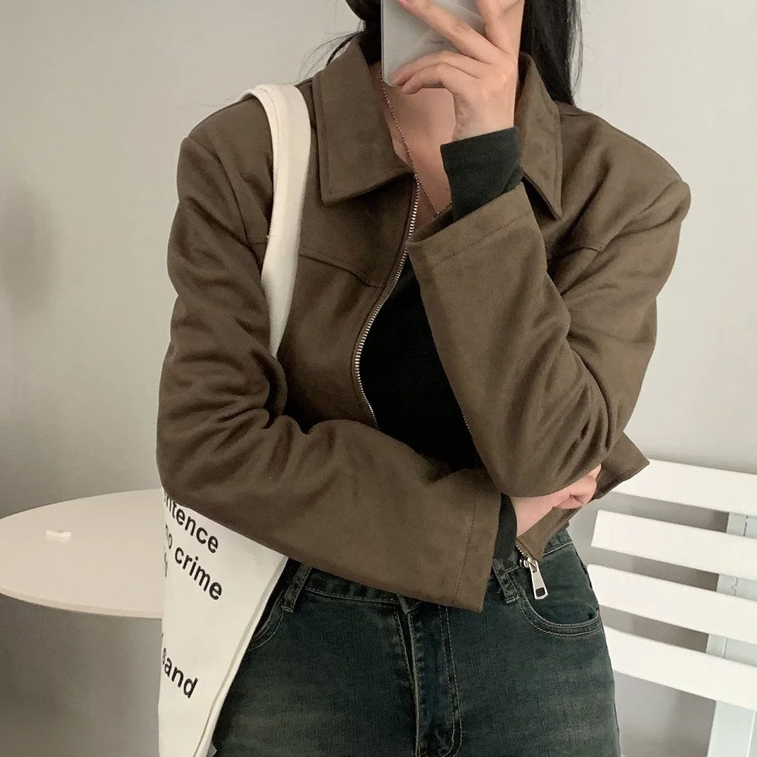Chic Autumnal Vintage Stylish Collared Zipper Loose Versatile Long Sleeve Leather Velvet Short Jacket Women's Sportswear