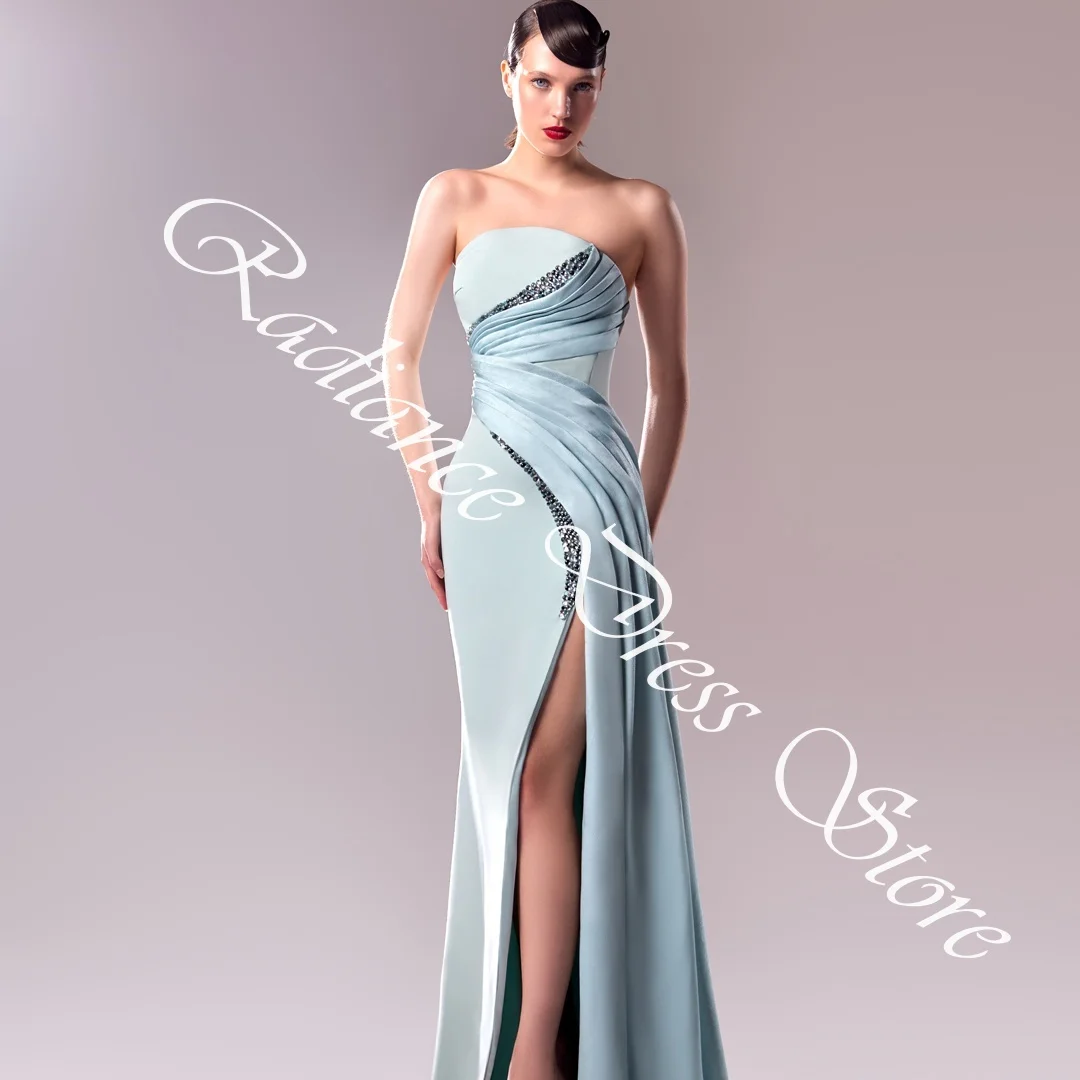 فساتين سهرة مخصصة عالية الجودة من الساتان المستقيم كريستال بدون حمالات وسحاب خلفي بدون أكمام قطار كوكتيل D #5