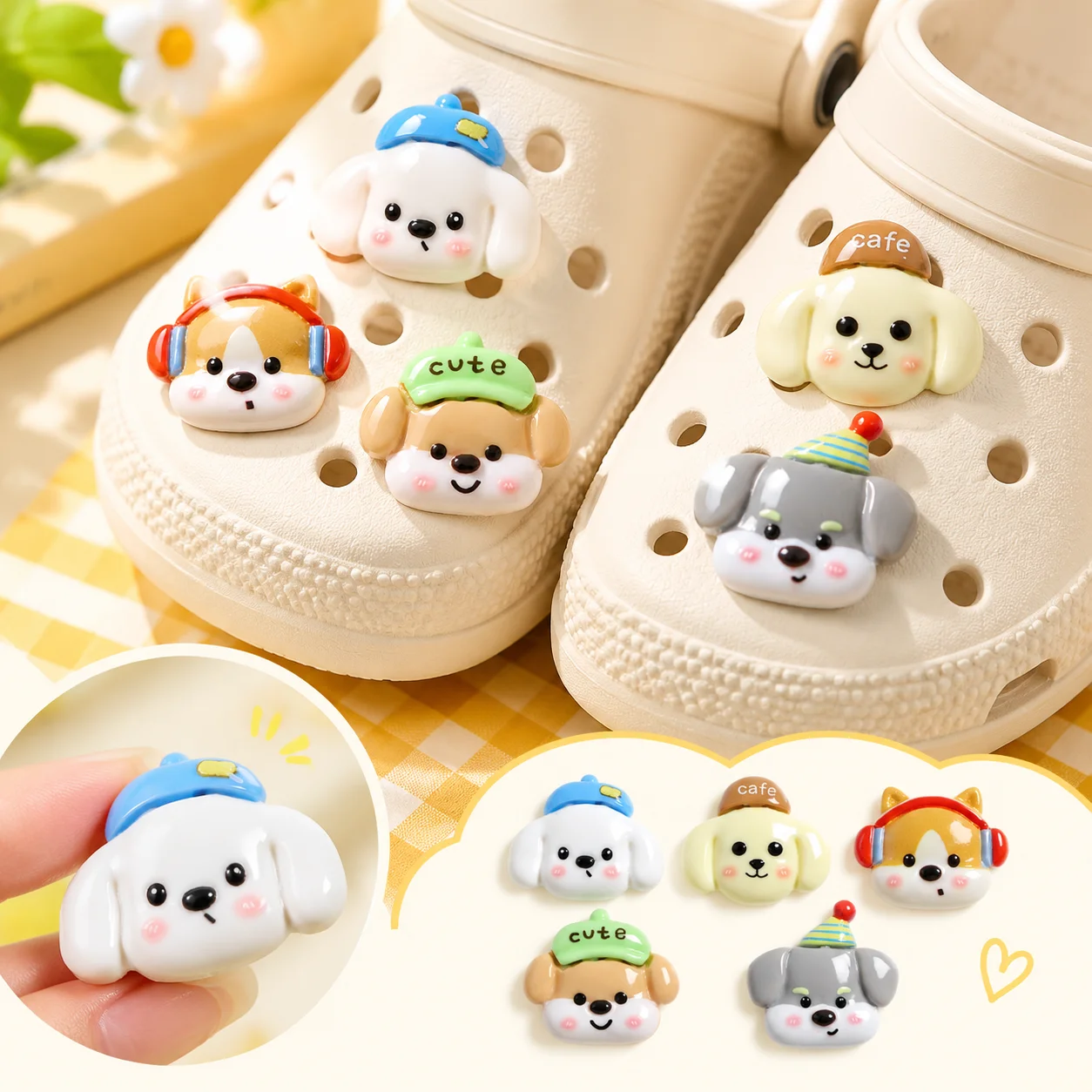 12pcs Mixed Cute Cartoon Dog Head Resin Shoe Charms - Kawaii Puppy Clog Decor for Sandals & Beach Bags