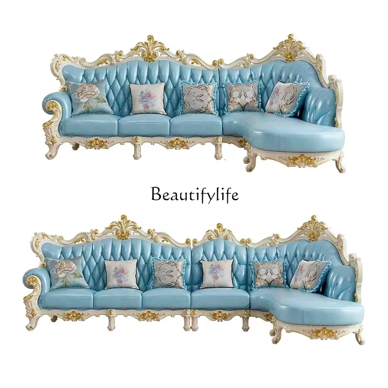 European leather corner sofa first layer cowhide full solid wood carving flower luxury princess