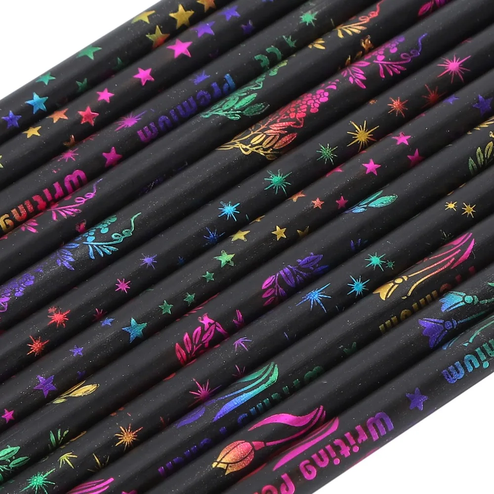 12PCS Exquisite Look Black Wood Pencil Black Wood HB Cartoon Print Pencil Rhinestone Decor Pencil Desktop Decor