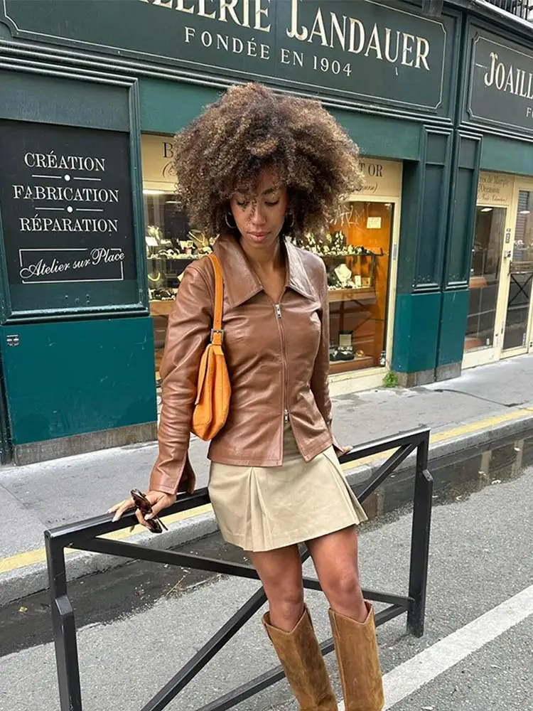 

Women Fashion Double Zipper Short Slim Leather Jacket Retro Lapel Long Sleeve Brown Coat 2024 Autumn New Lady Commute Outerwears