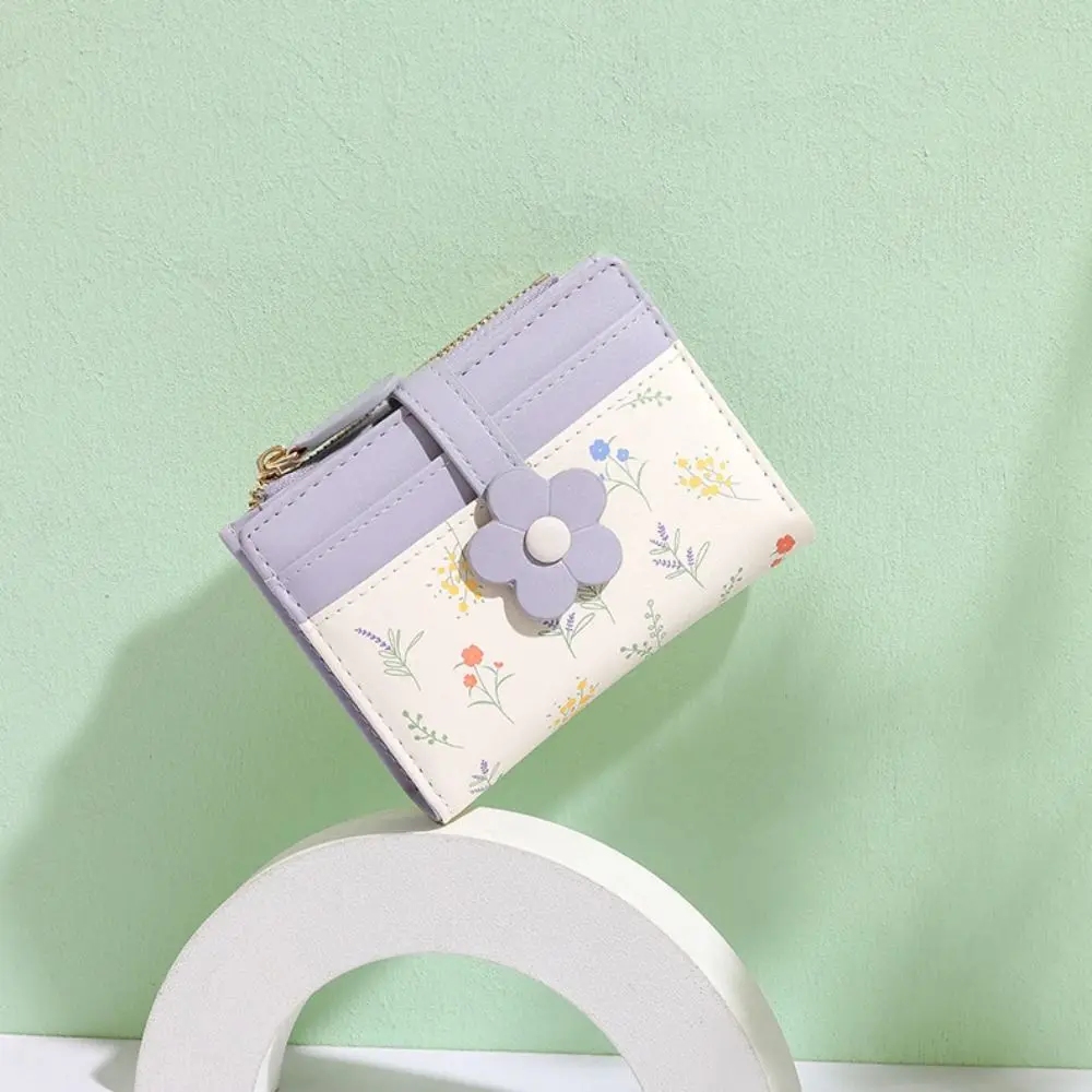 Bloemen bedrukte mini-portemonnee PU-leer Multi-kaartsleuf Mini-sleutelhanger Tas Creatieve draagbare korte damesportemonnee Meisjes