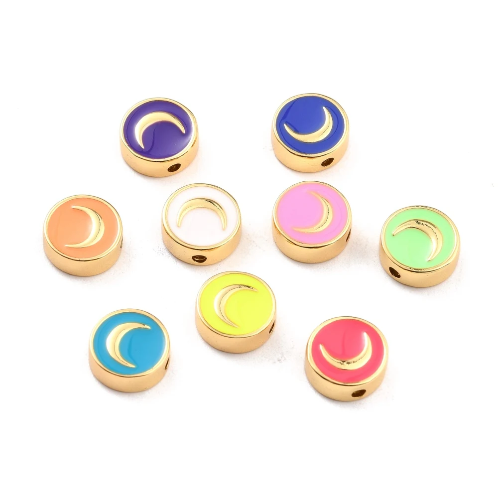 Brass Enamel Beads Real 18K Gold Plated Long-Lasting Plated Cadmium Free Lead Free Flat Round with Moon Pattern Mixed Color